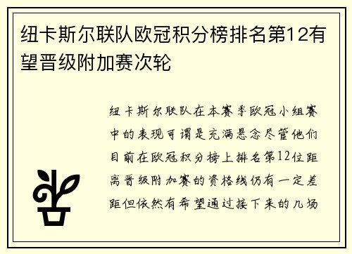 纽卡斯尔联队欧冠积分榜排名第12有望晋级附加赛次轮