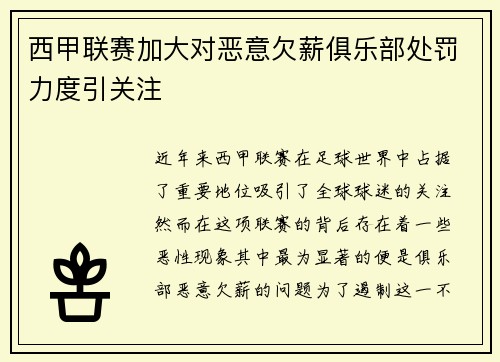 西甲联赛加大对恶意欠薪俱乐部处罚力度引关注